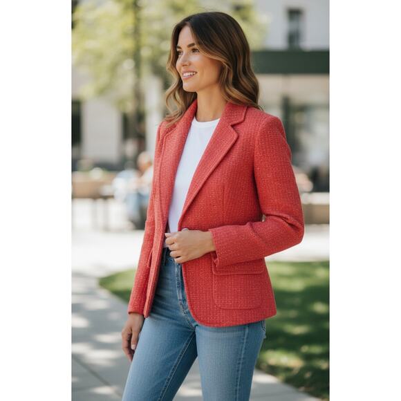 St. John Metallic Single Button Tweed Blazer‎ Coral Size 12